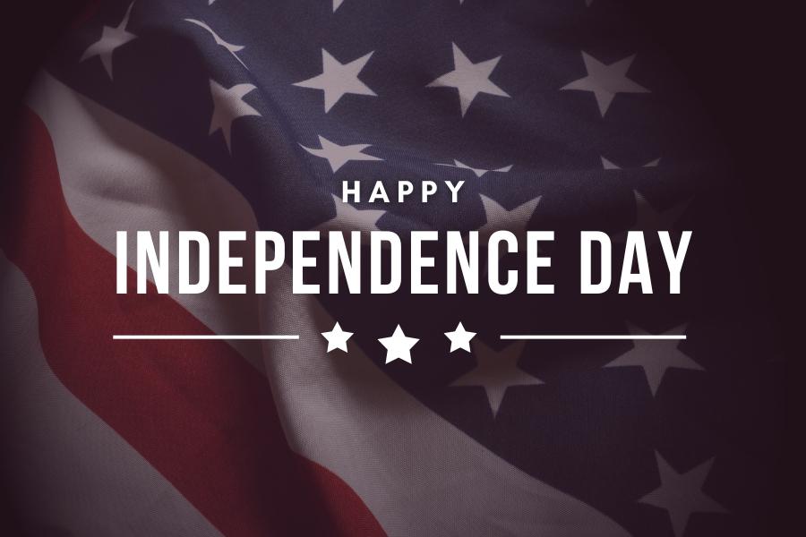 American flag with white text over reading "Happy Independence Day."