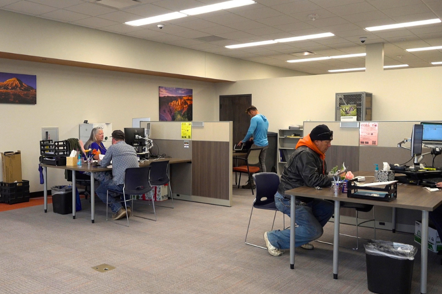 People sit at desks in the Clifton Motor Vehicle office. Four desks are separated by two dividers, and people are sitting on either side of each one.
